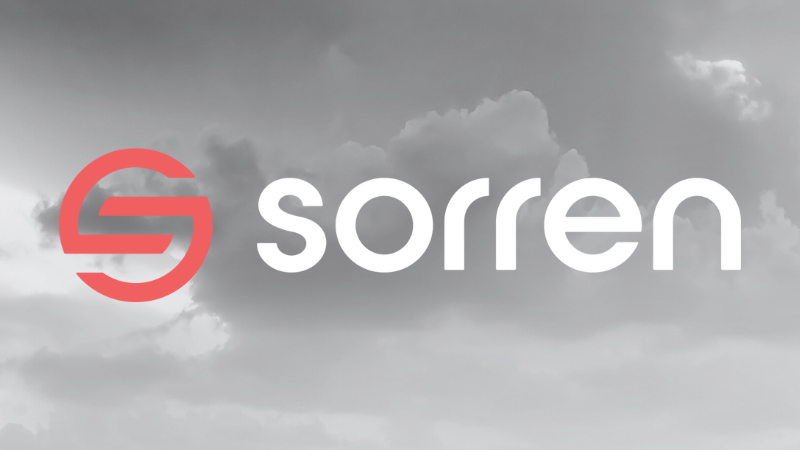Sorren logo set against a backdrop of black and white clouds.