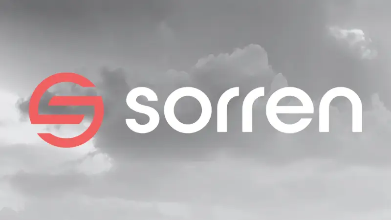 Sorren logo set against a backdrop of black and white clouds.
